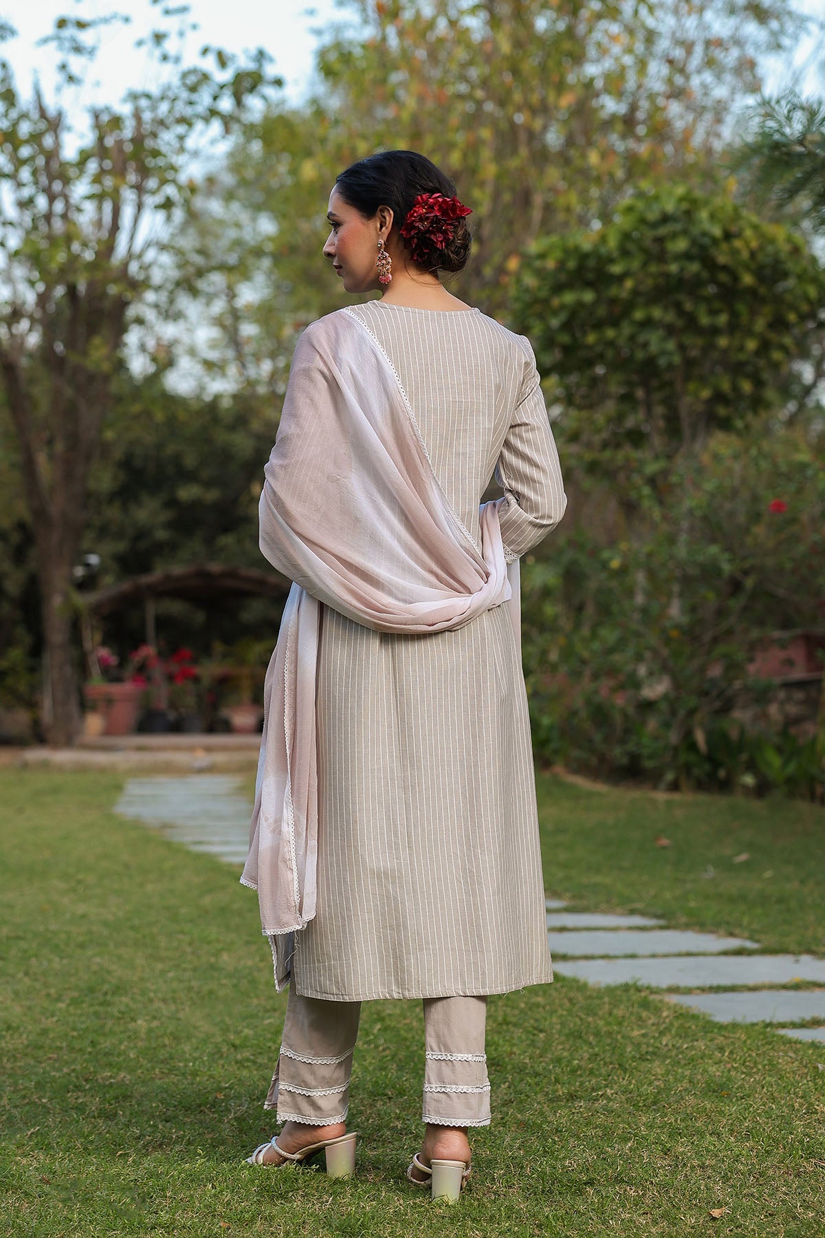 Grey Cotton Handwork Straight Suit