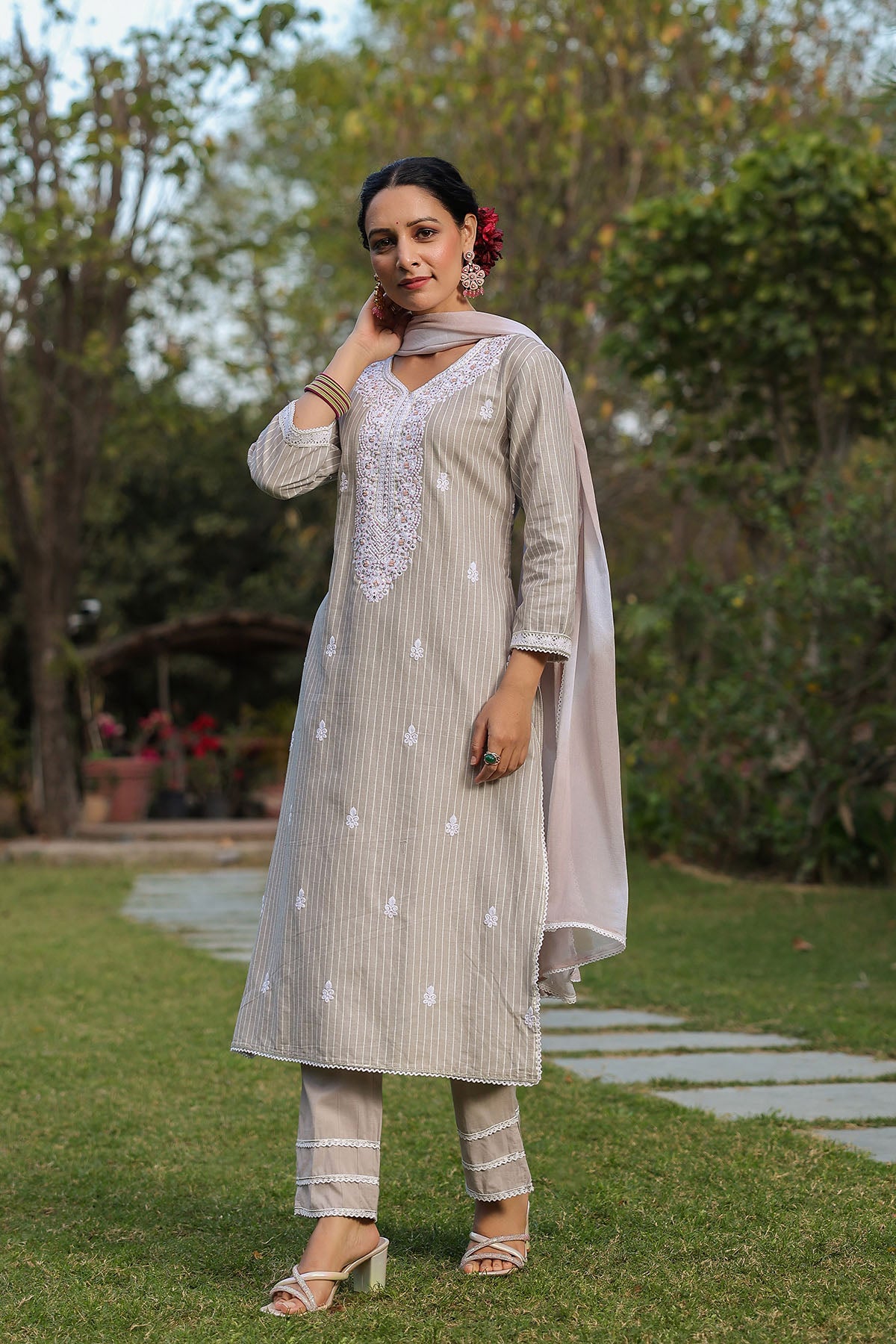 Grey Cotton Handwork Straight Suit