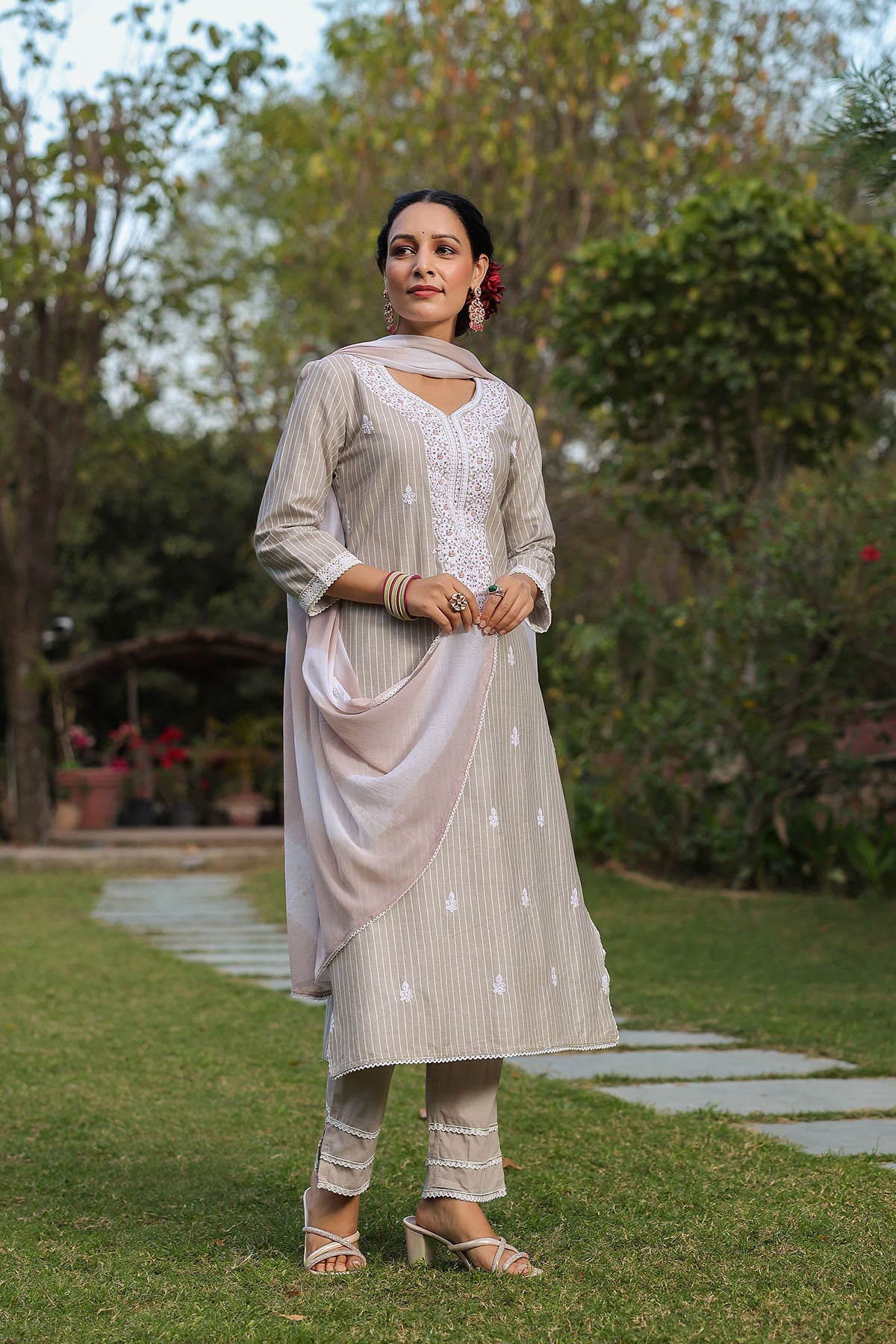 Grey Cotton Handwork Straight Suit