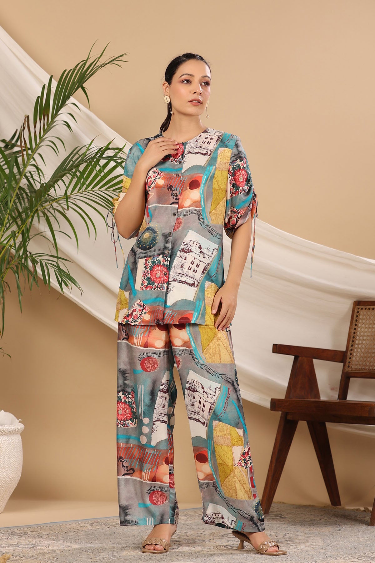 Grey Multicolor Muslin Printed Co-ord Set