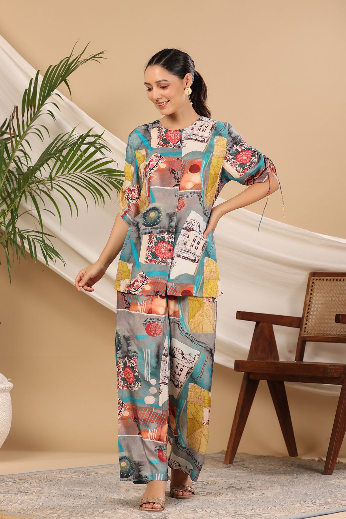 Grey Multicolor Muslin Printed Co-ord Set
