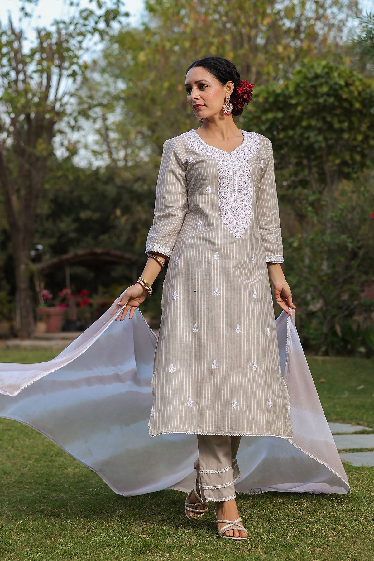 Grey Cotton Handwork Straight Suit
