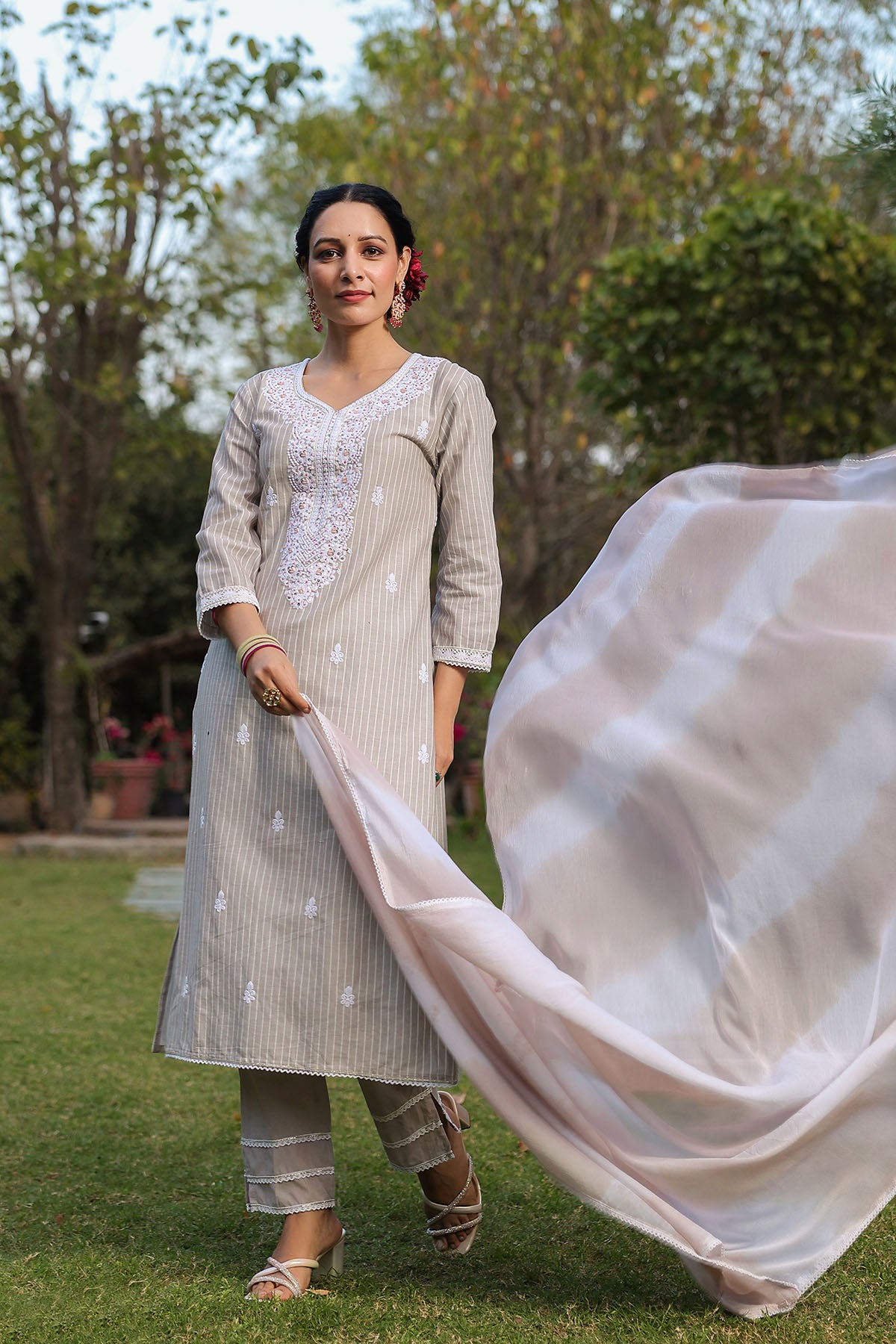 Grey Cotton Handwork Straight Suit
