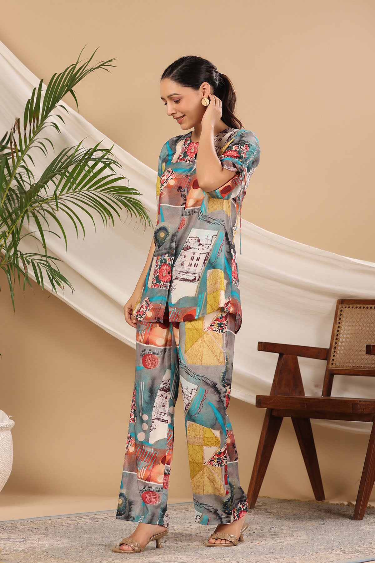 Grey Multicolor Muslin Printed Co-ord Set