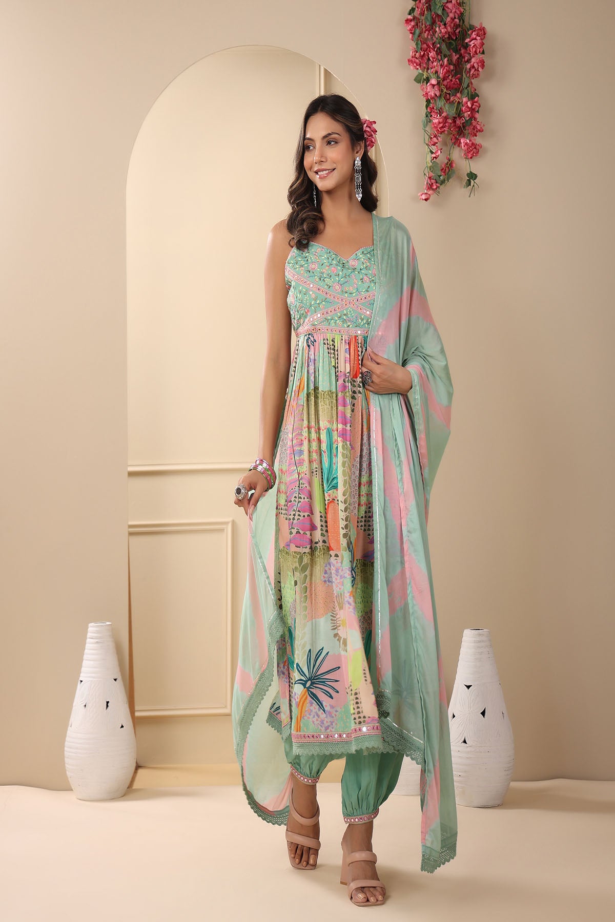 Green Muslin Embroidered Flared Suit Set