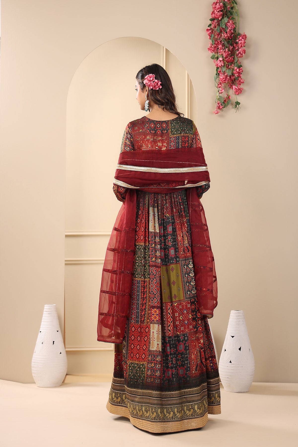 Maroon Multicolour Muslin Handwork Gown Set