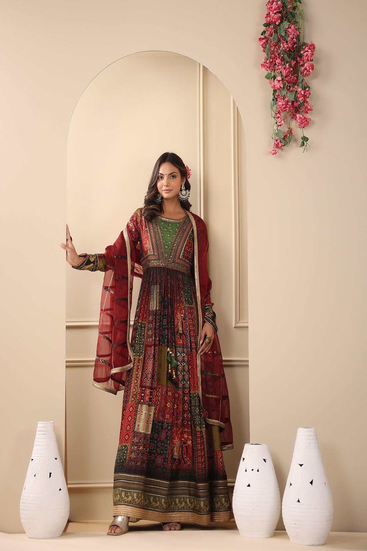 Maroon Multicolour Muslin Handwork Gown Set