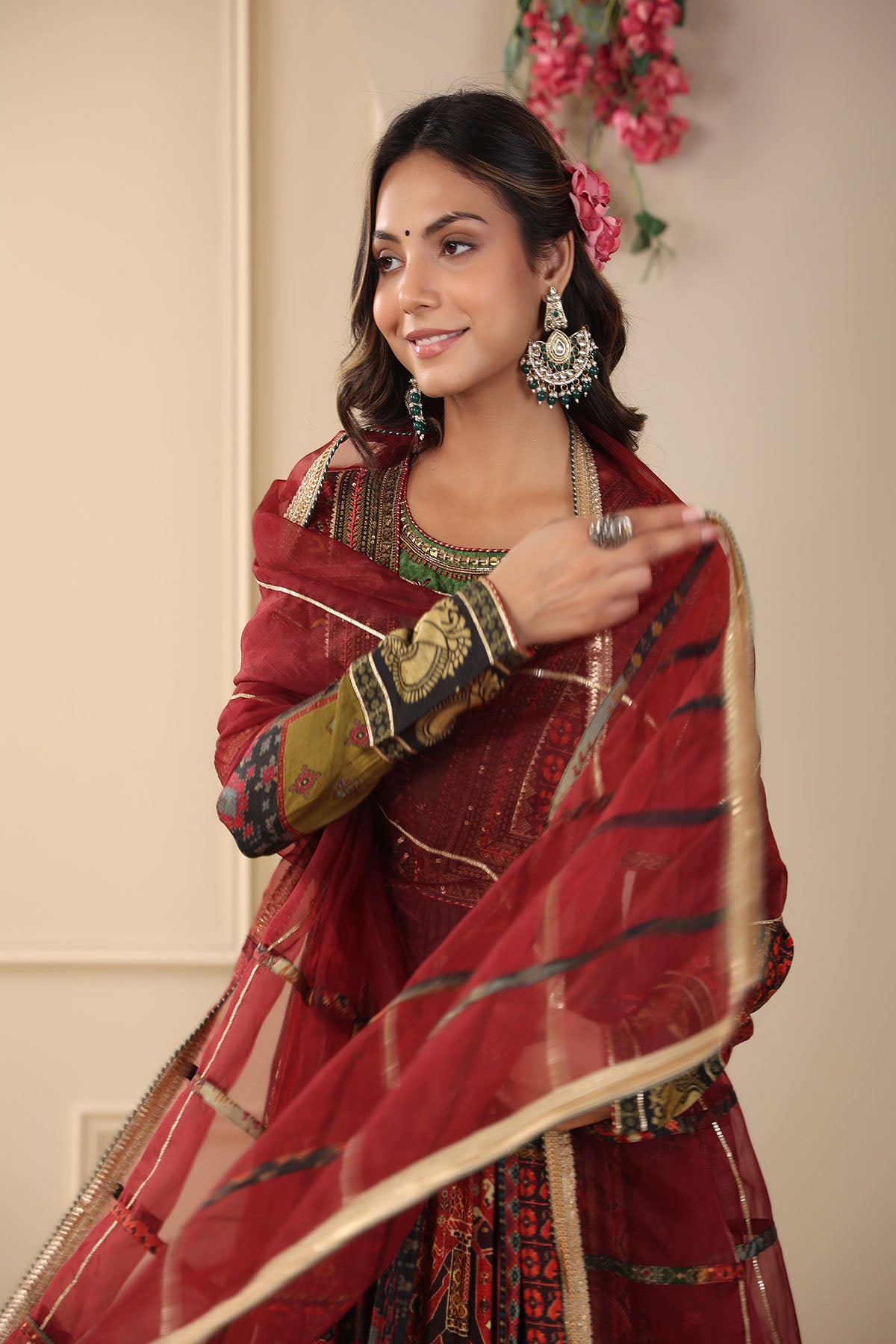 Maroon Multicolour Muslin Handwork Gown Set