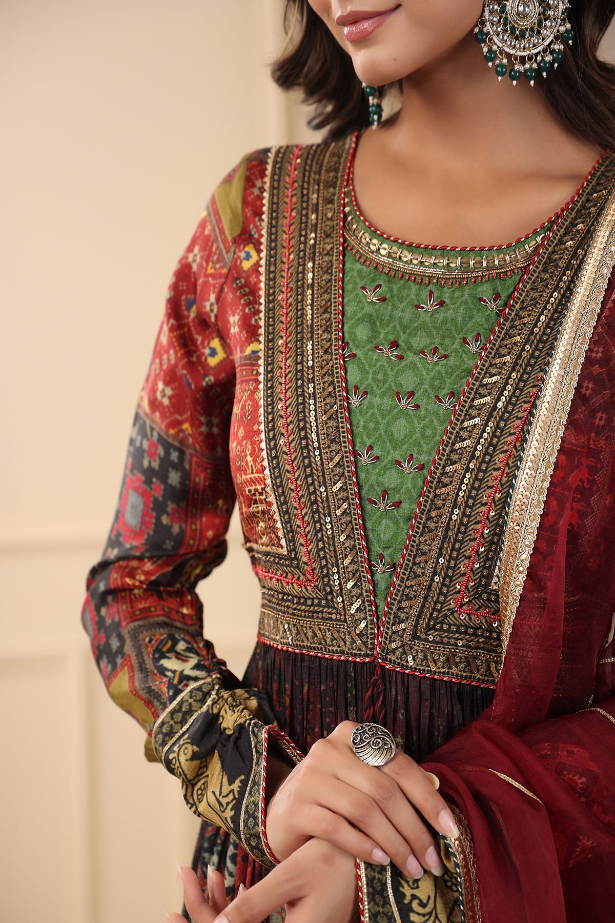 Maroon Multicolour Muslin Handwork Gown Set
