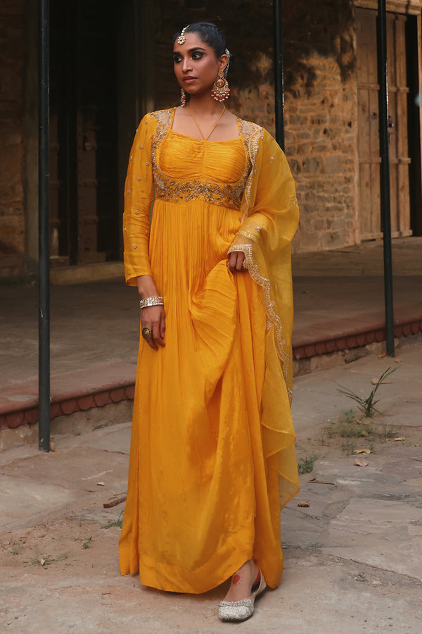 Lashkaara Mustard Chinon Handwork Long Gown With Dupatta