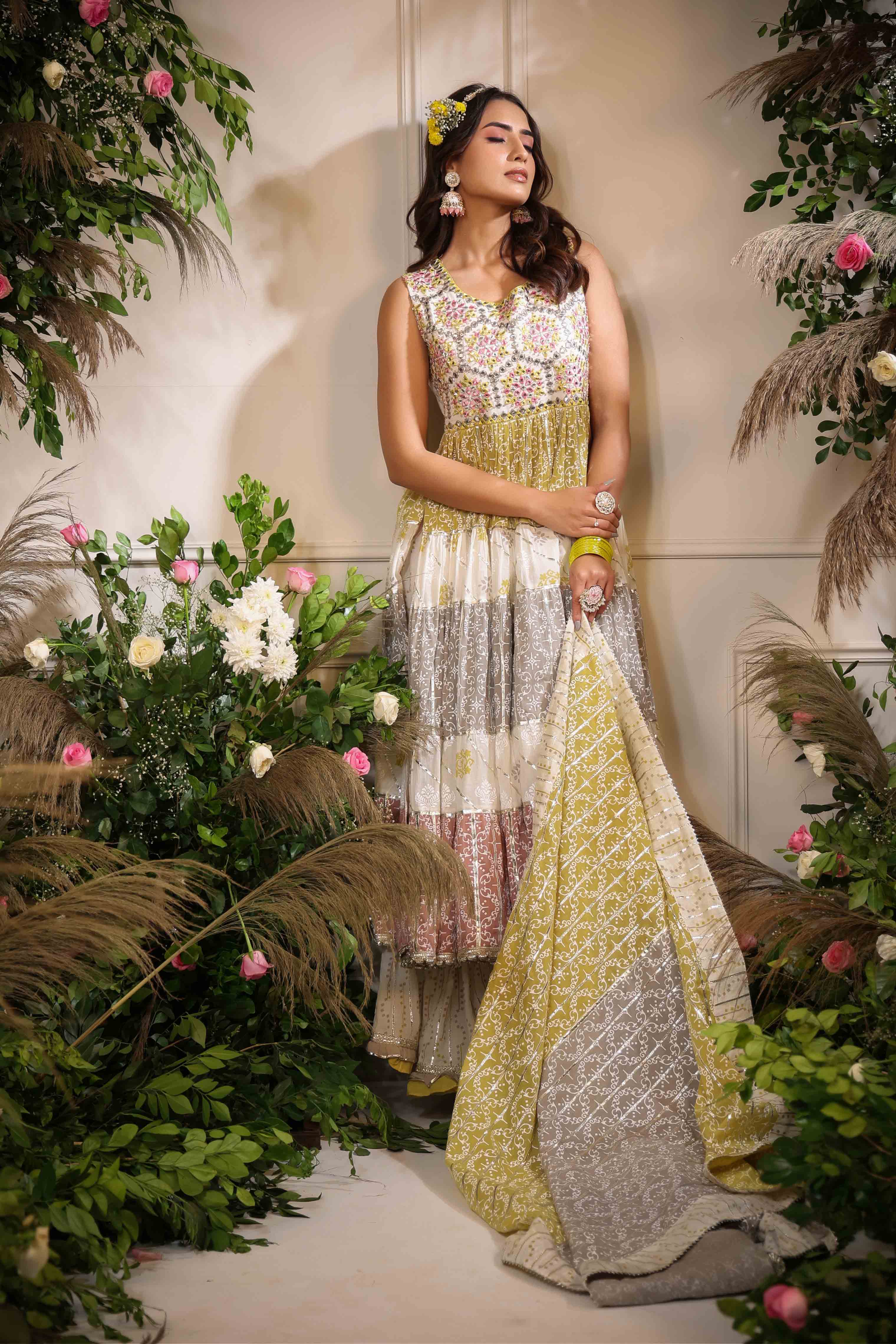 Yellow Multicolour Handwork Sharara Set