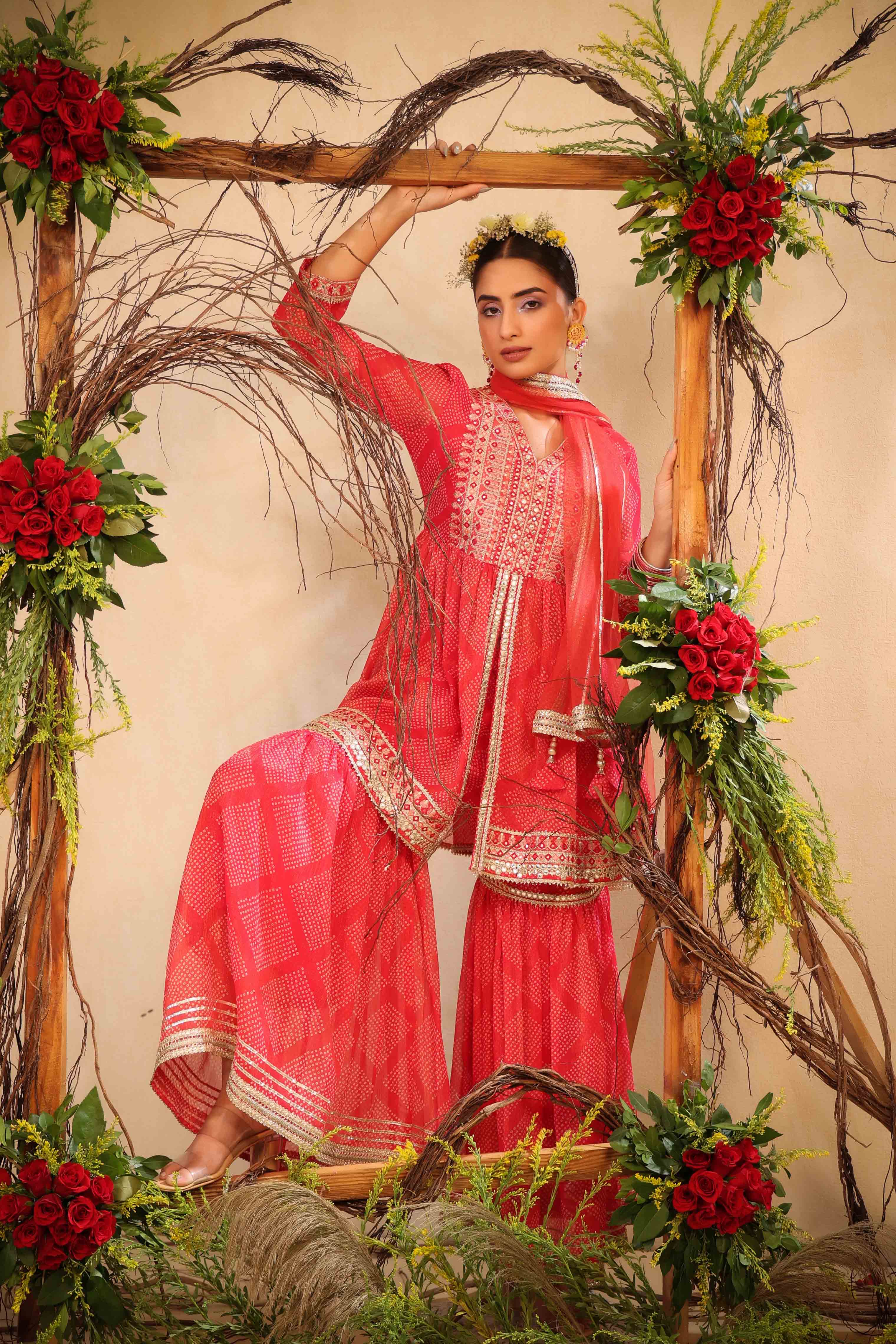 Red Chinon Gotapatti Sharara Set