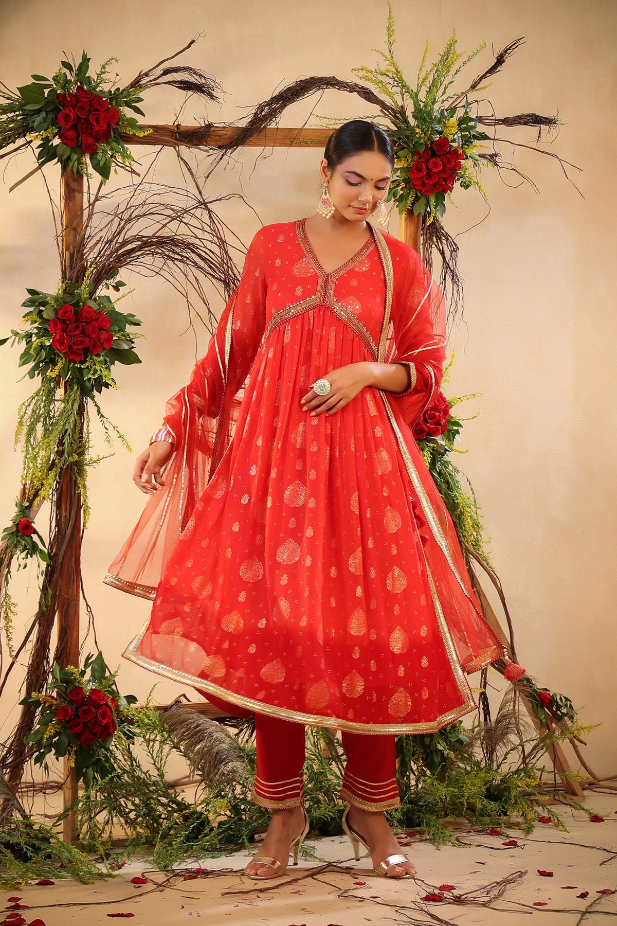Red Chinon Handwork Suit Set