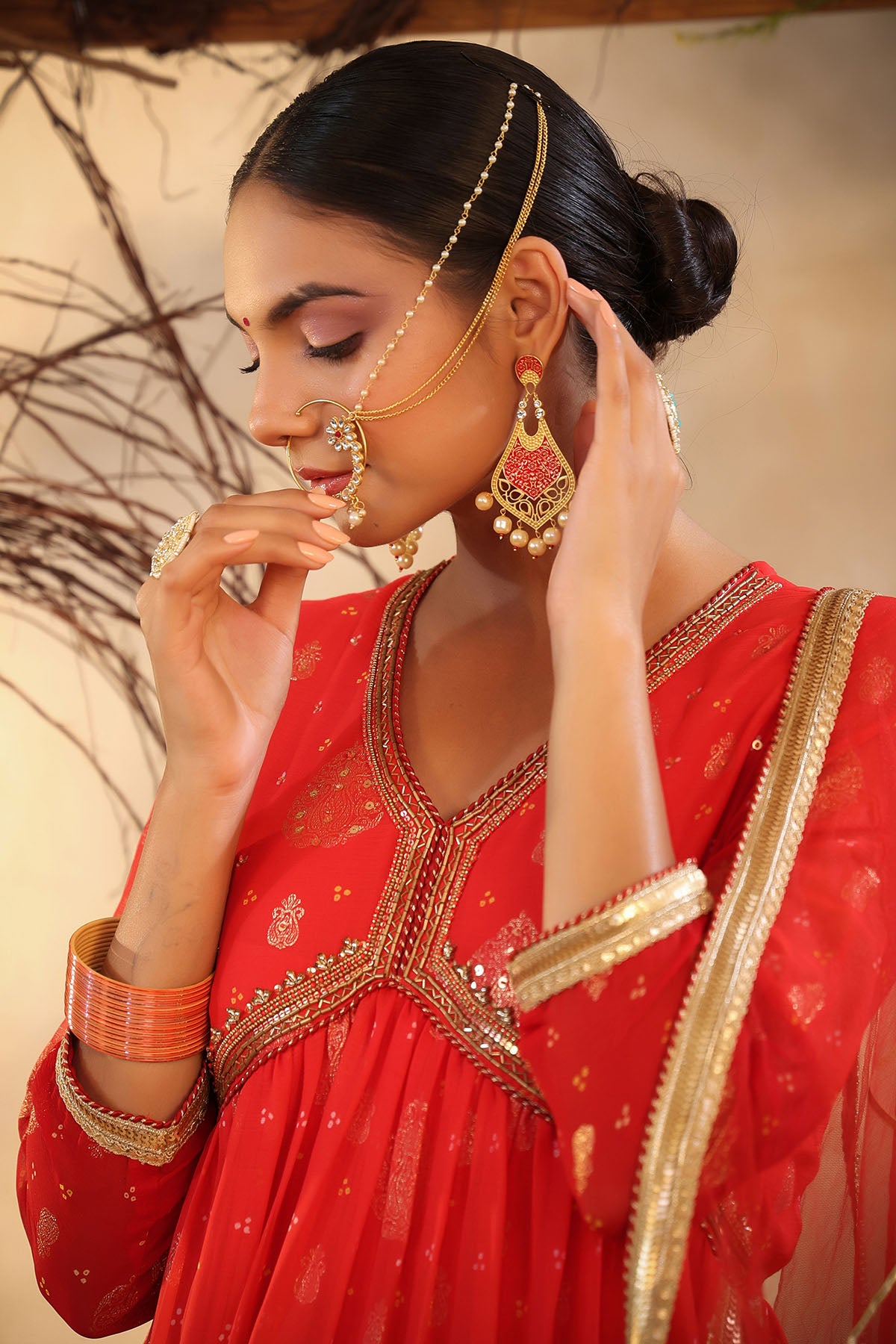 Red Chinon Handwork Suit Set
