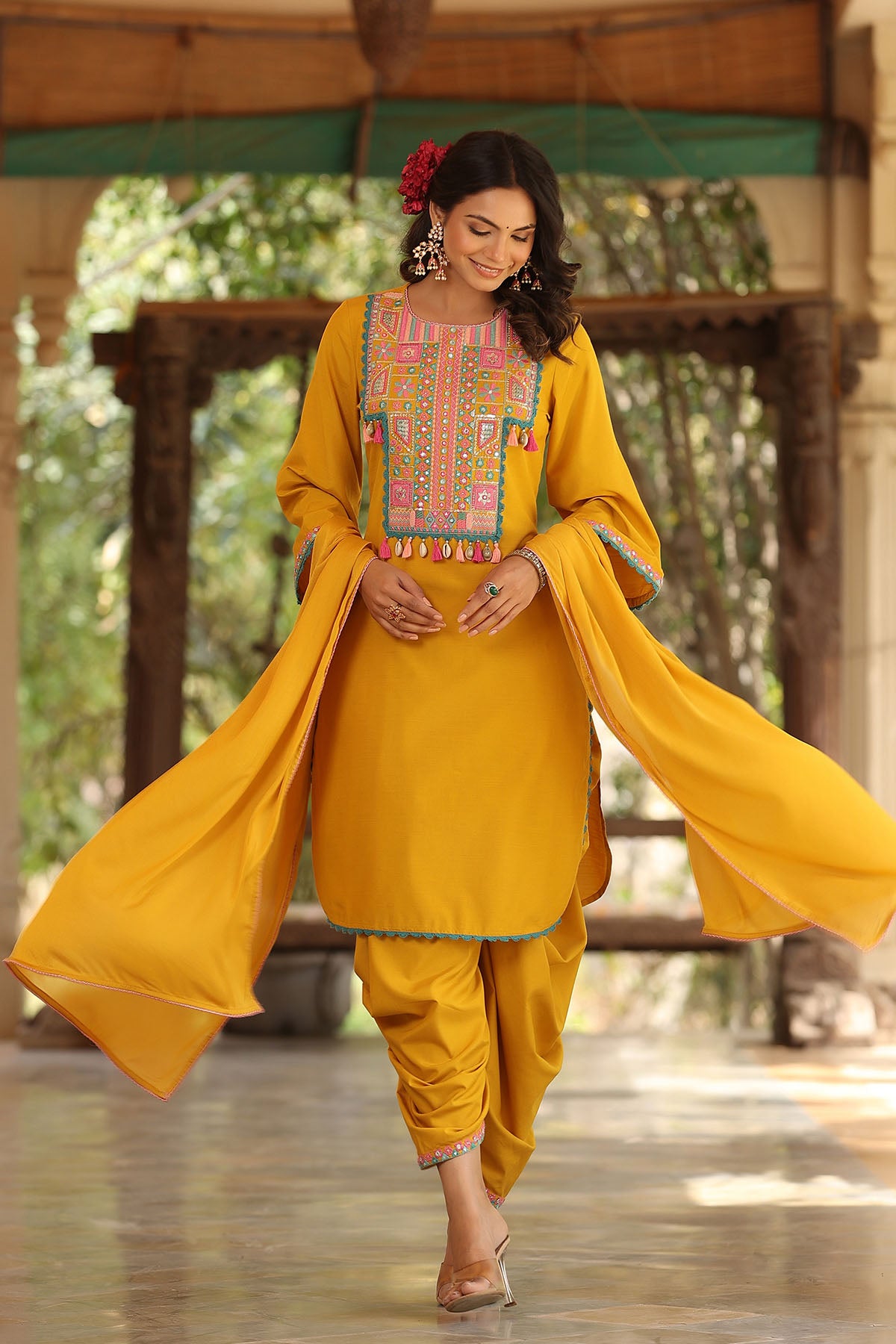 Yellow Cotton Embroidered Straight-Cut Suit