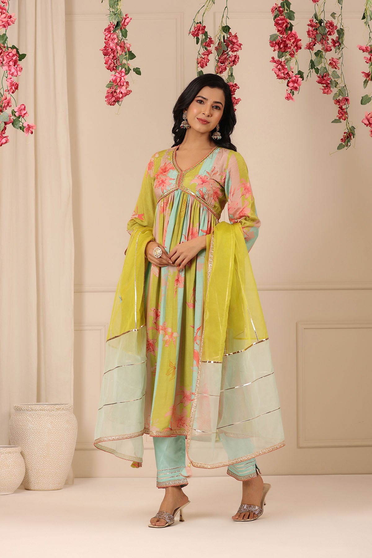 Green Multicolor Muslin Handwork Suit Set