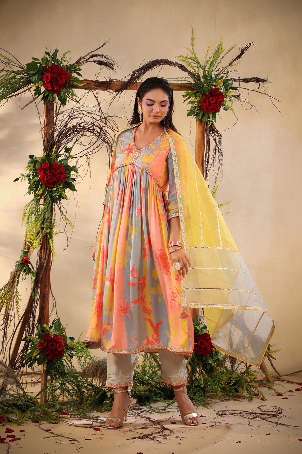 Yellow Multicolor Muslin Handwork Suit Set