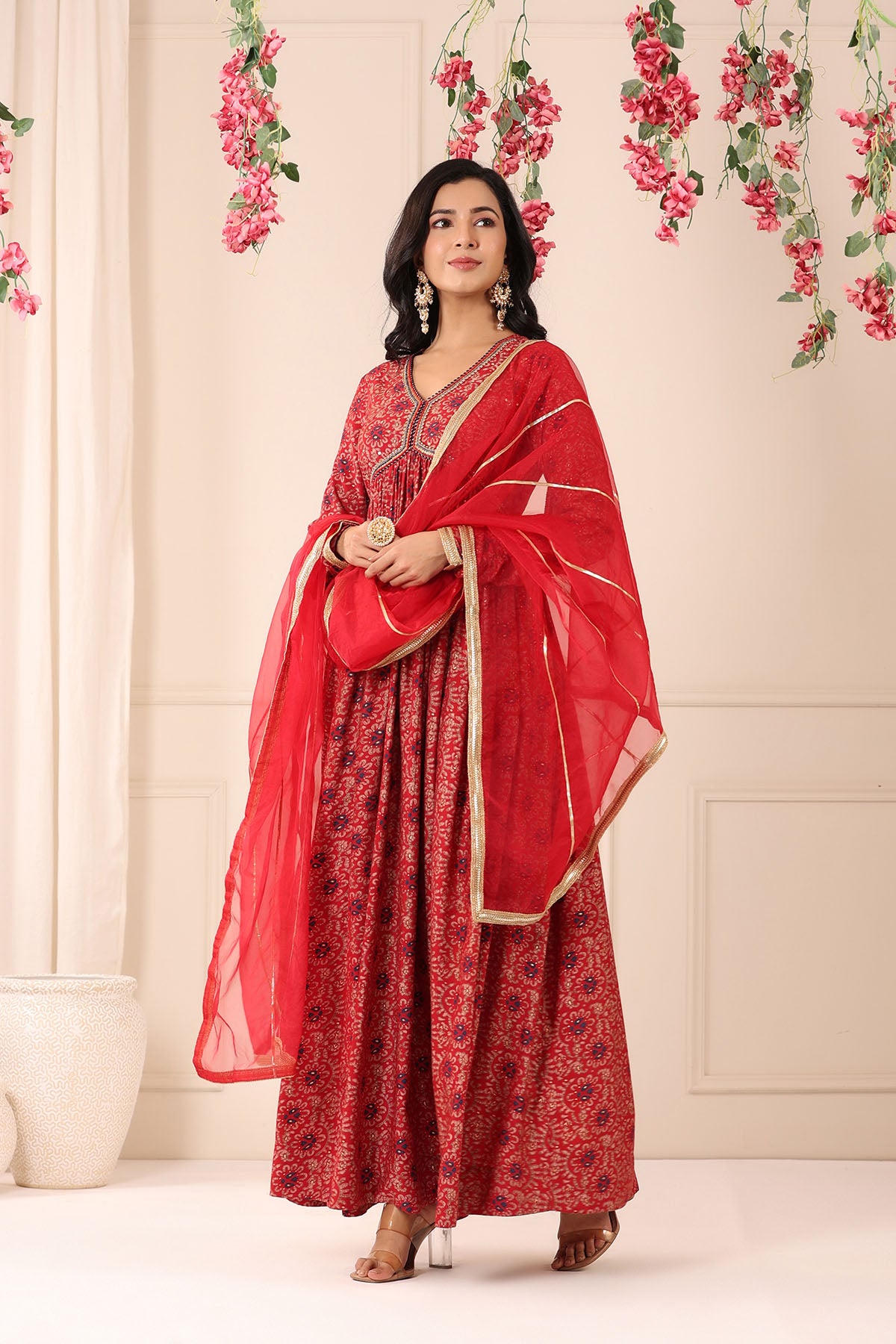 Red Muslin Handwork Gown Set
