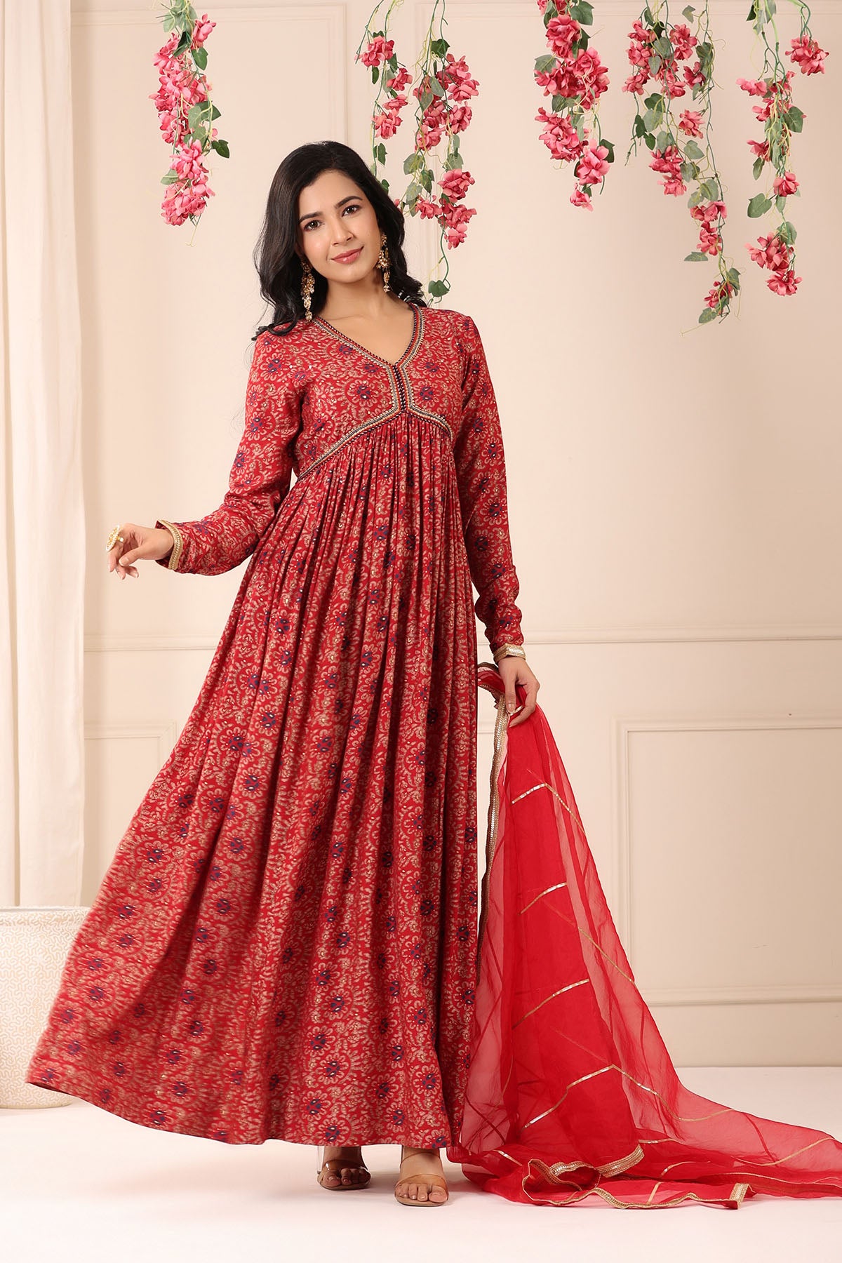 Red Muslin Handwork Gown Set