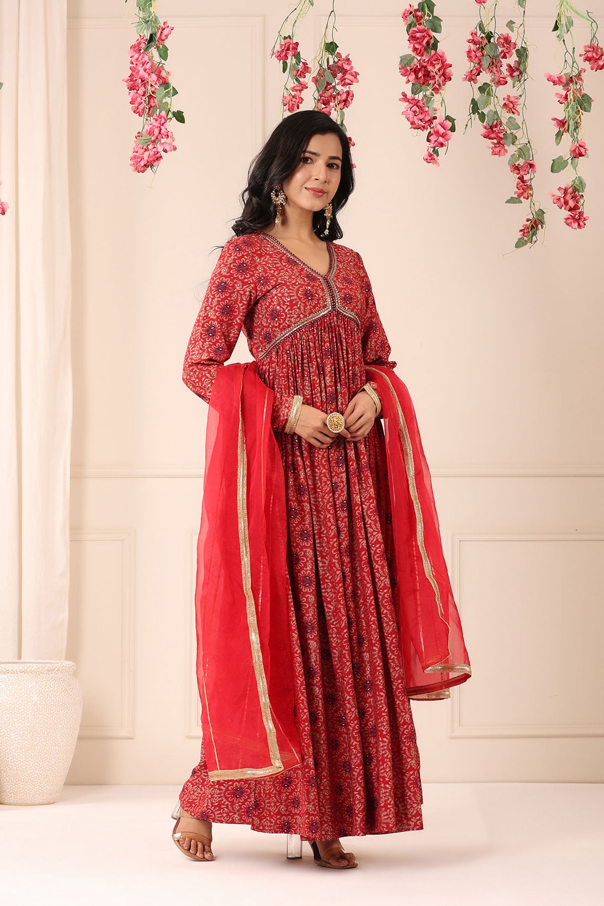Red Muslin Handwork Gown Set