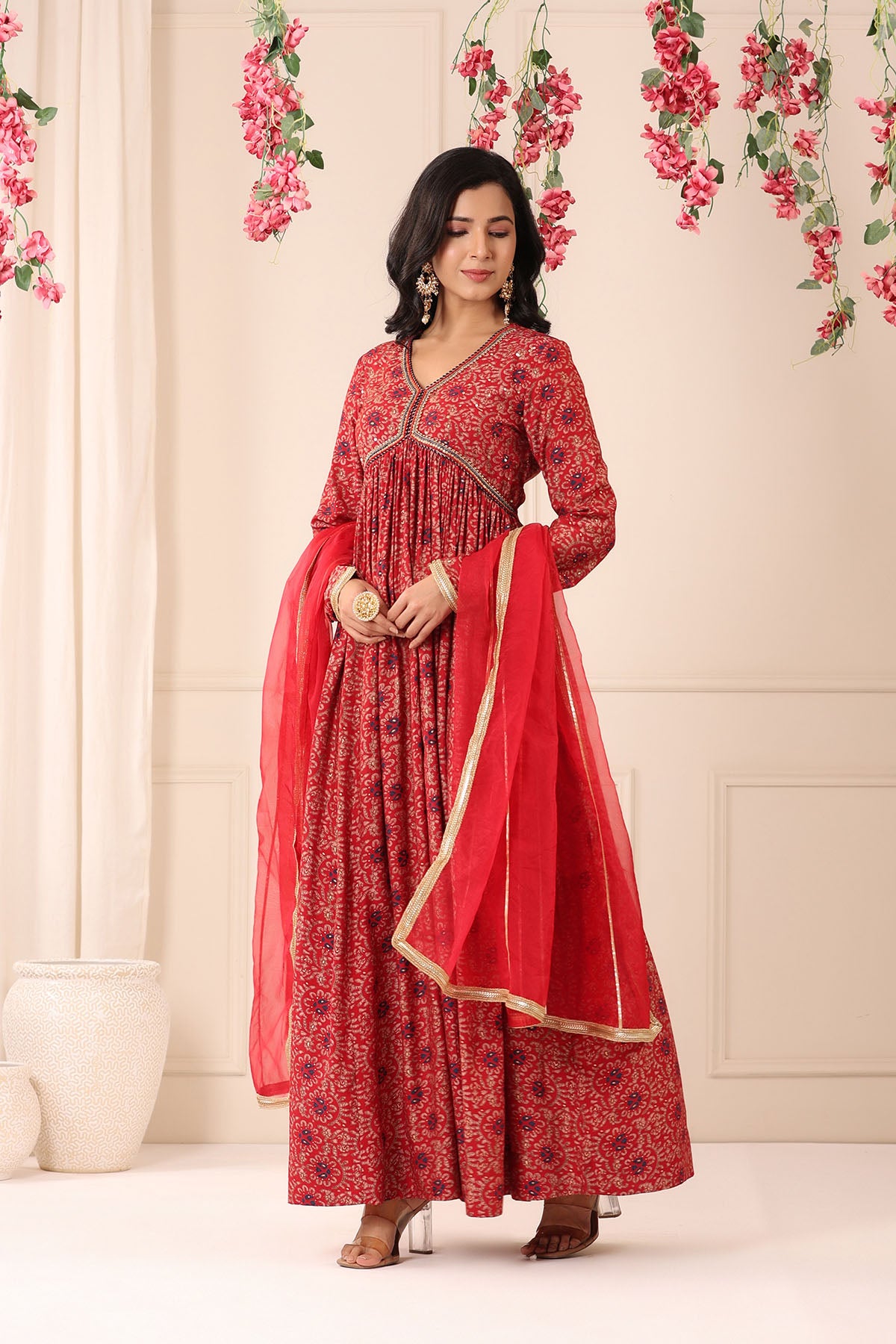 Red Muslin Handwork Gown Set