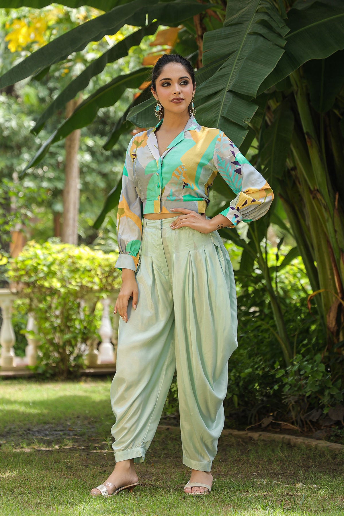 Green Multicolor Crop Top And Dhoti Set