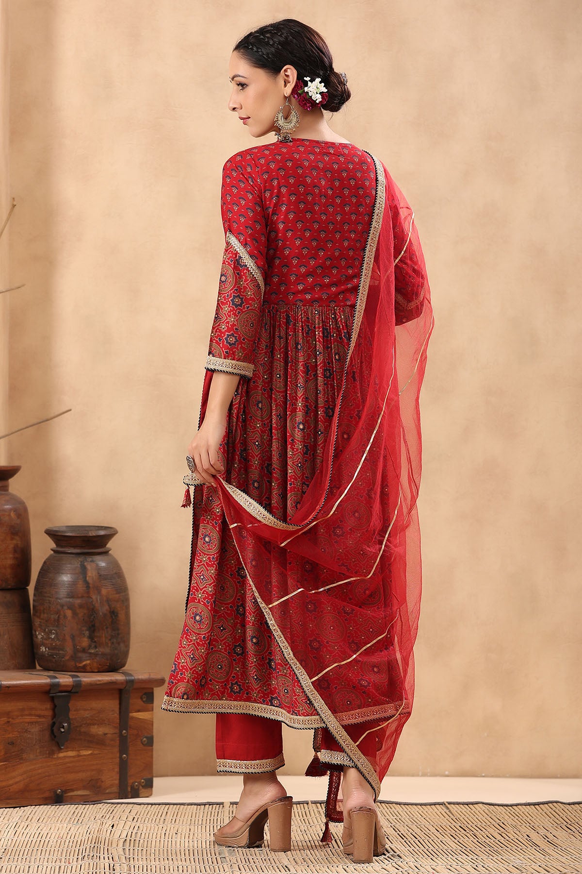Red Muslin Handwork Suit Set