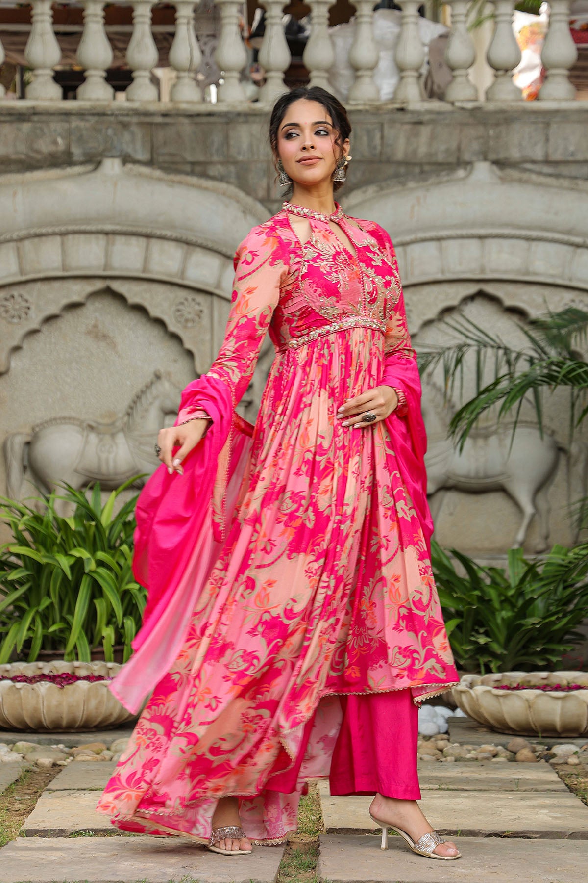 Pink Floral Chinon Handwork Anarkali Suit
