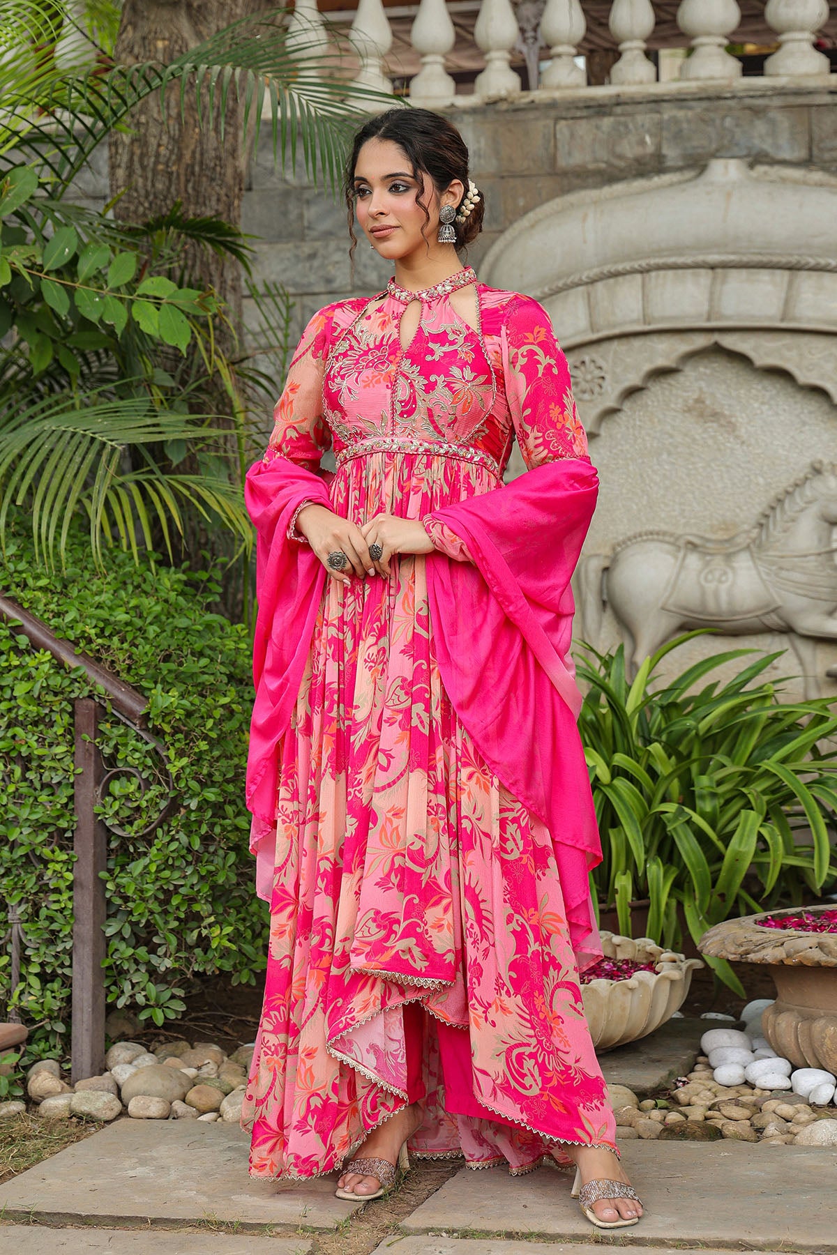 Pink Floral Chinon Handwork Anarkali Suit