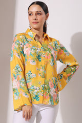 Mustard Floral Printed Silk Shirt