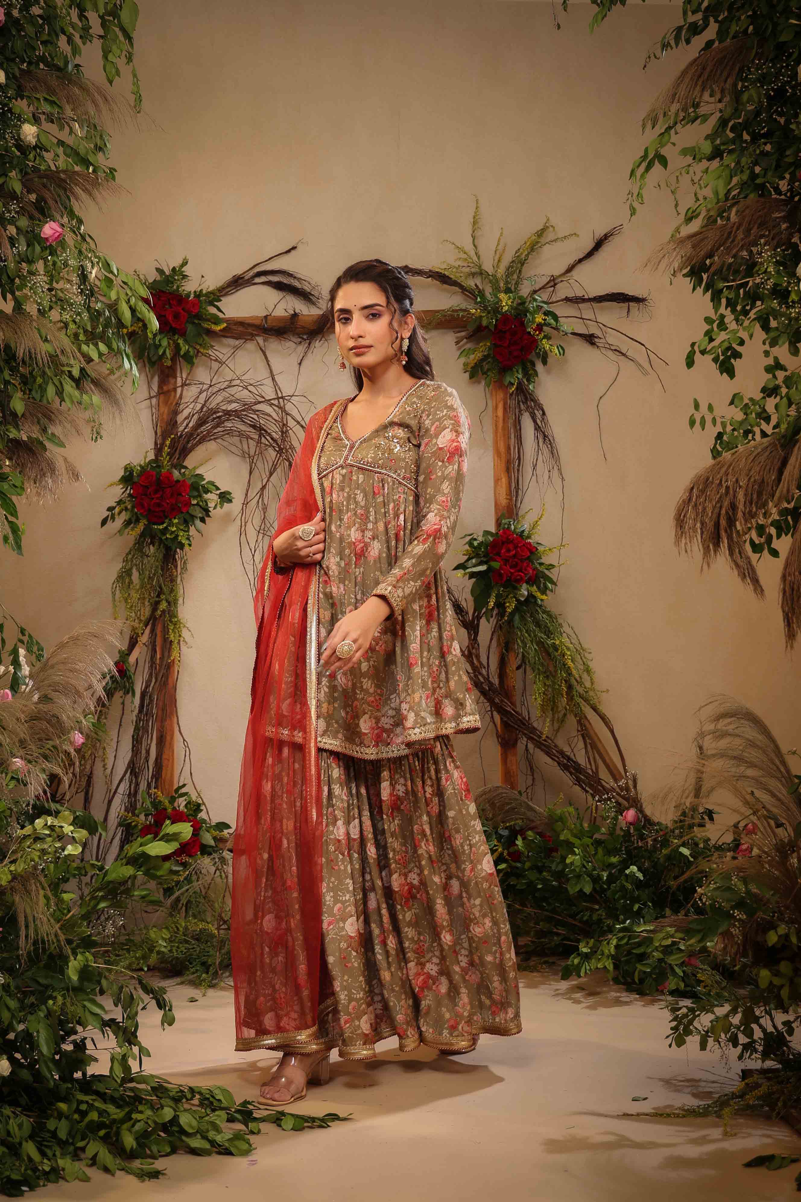 Green Muslin Handwork Sharara Set