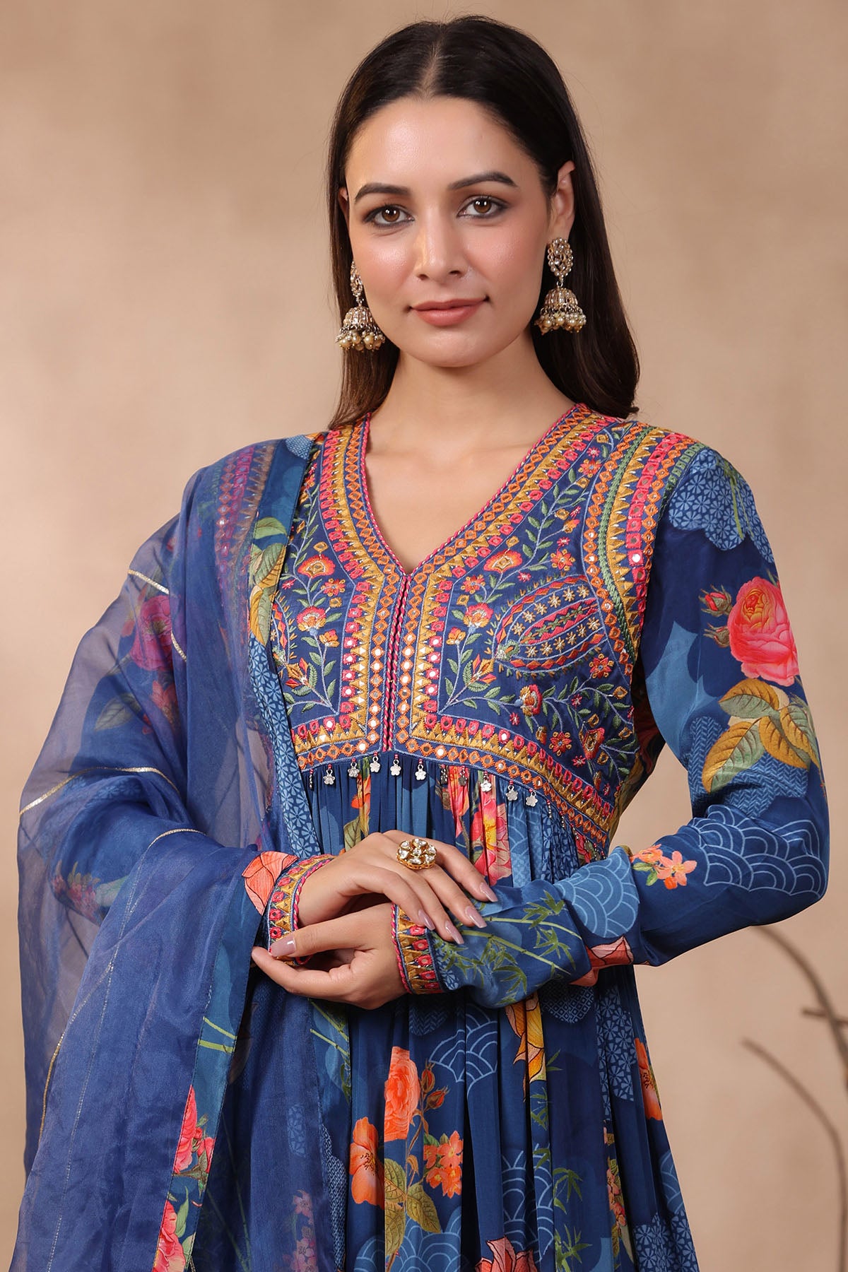 Blue Floral Viscose Crepe Embroidered Anarkali Suit