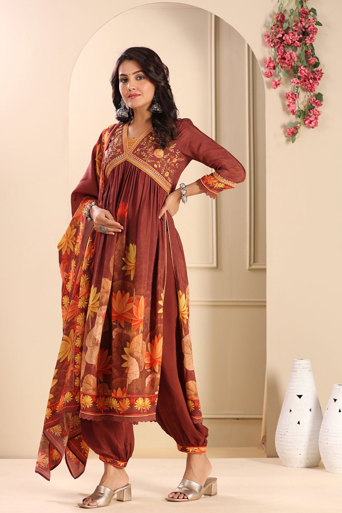 Maroon Floral Muslin Embroidered Suit