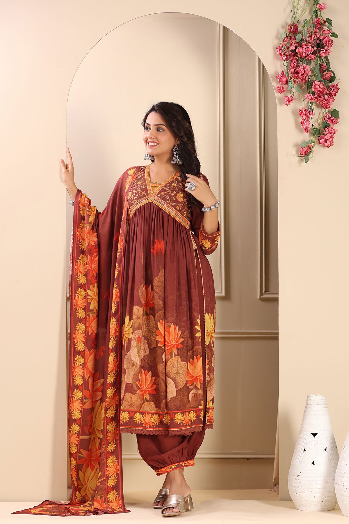 Maroon Floral Muslin Embroidered Suit