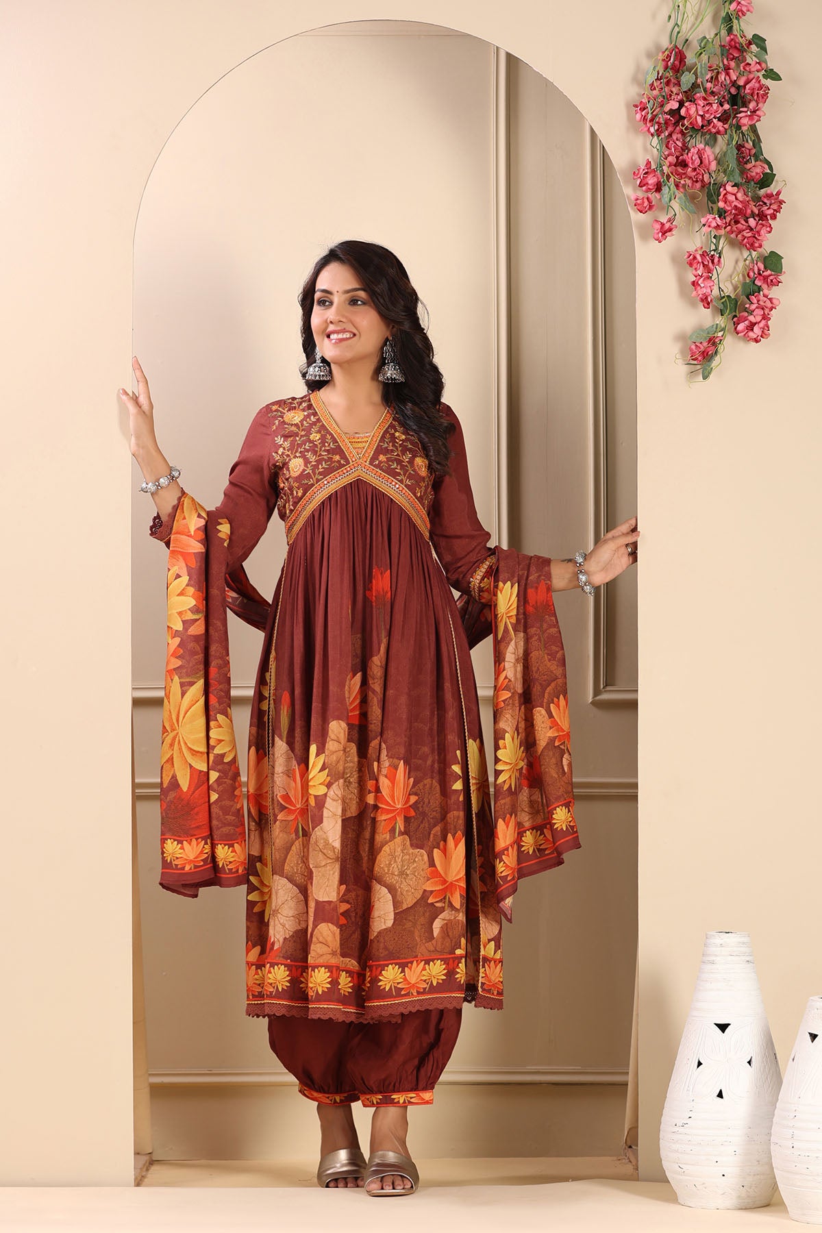 Maroon Floral Muslin Embroidered Suit