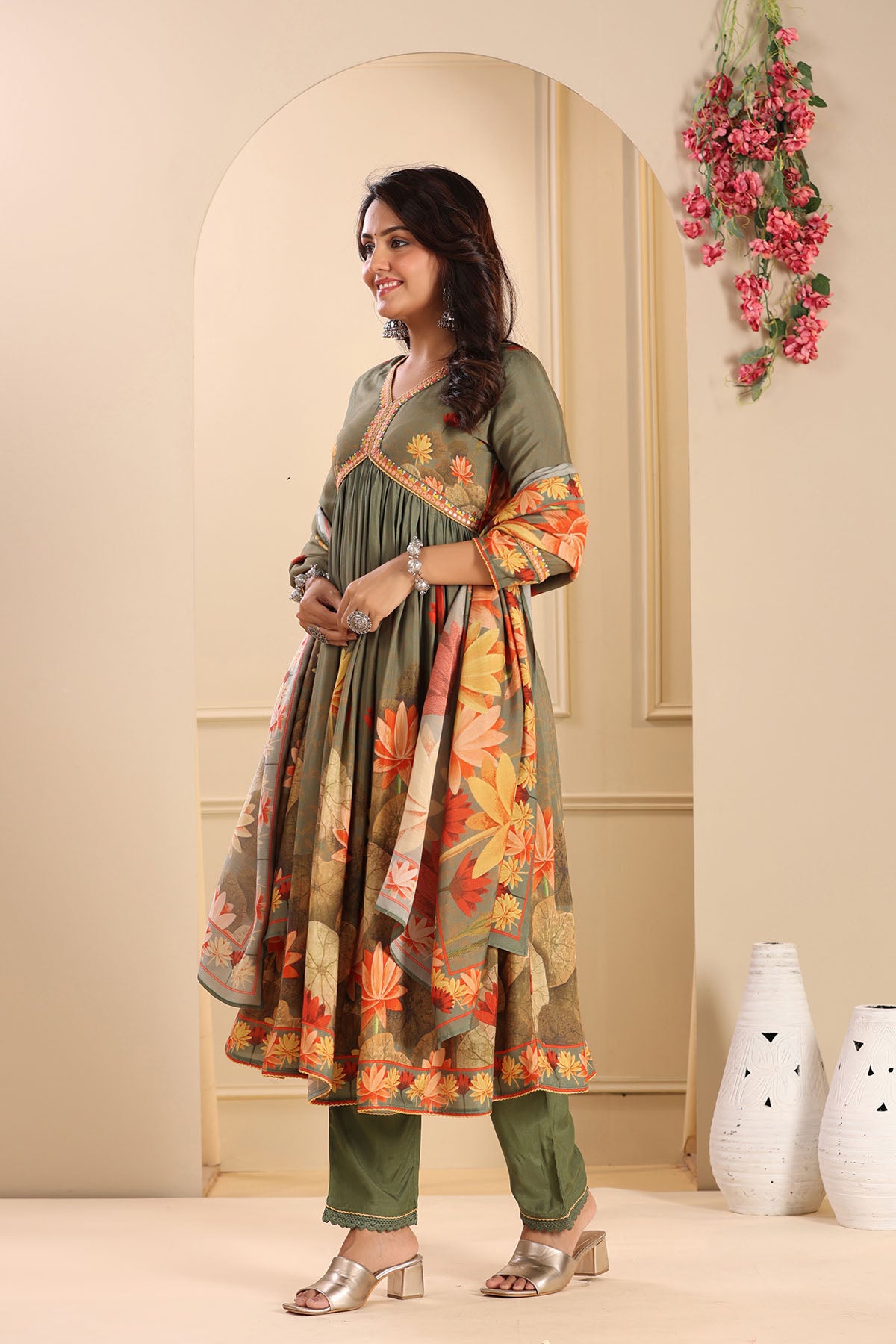 Green Floral Muslin Printed Anarkali Suit