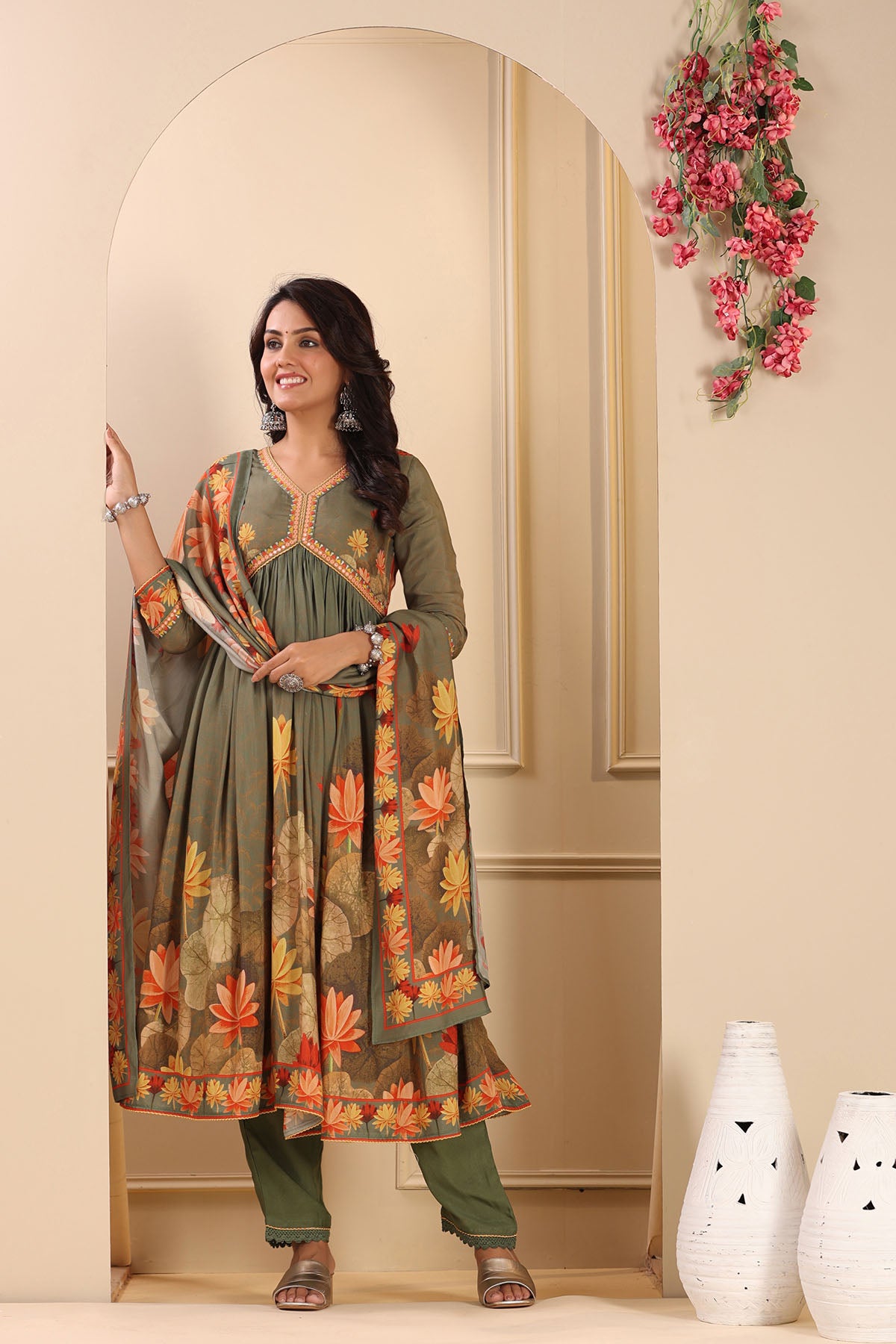 Green Floral Muslin Printed Anarkali Suit