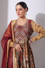 Festive Maroon Dola Silk Hand Work Embellished Long Gown With Dupatta