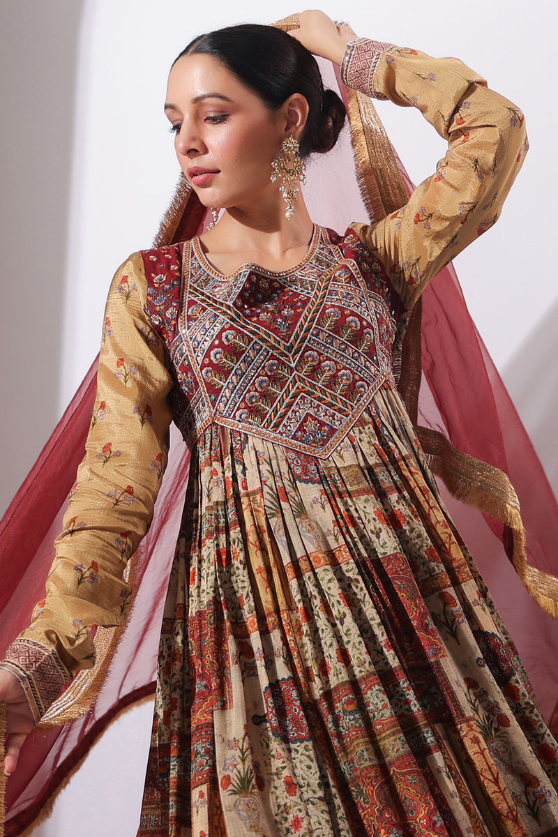 Festive Maroon Dola Silk Hand Work Embellished Long Gown With Dupatta