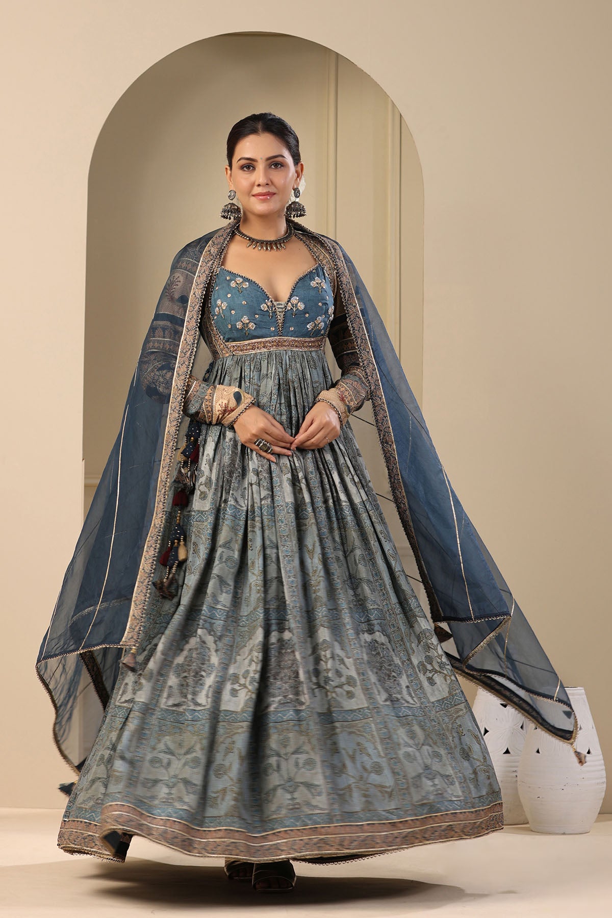 Blue Muslin Handwork Gown Set