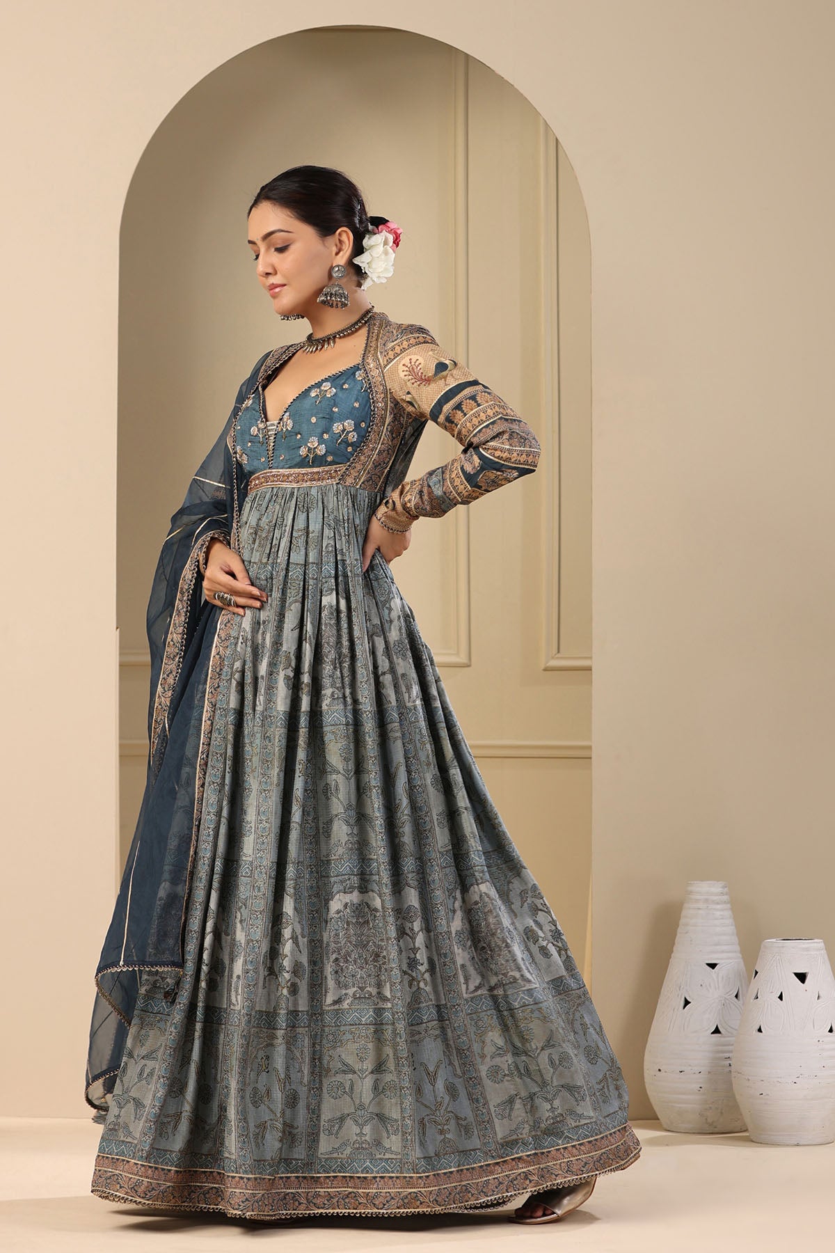 Blue Muslin Handwork Gown Set