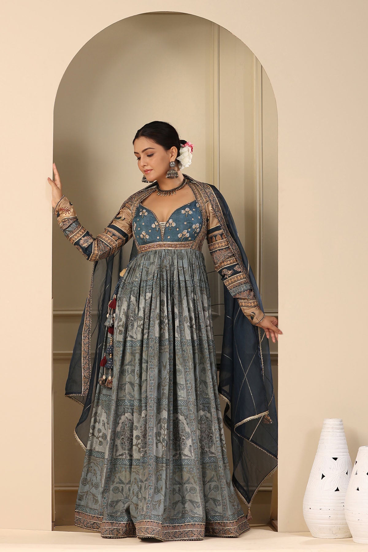 Blue Muslin Handwork Gown Set