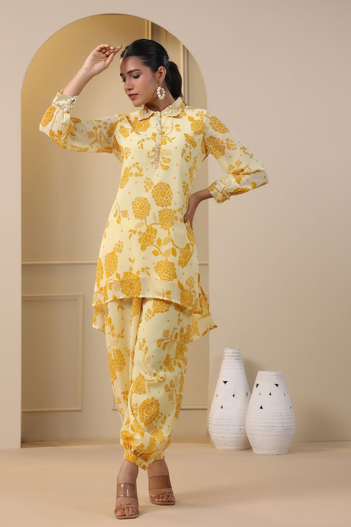 Yellow Georgette Handwork Co-ord Set