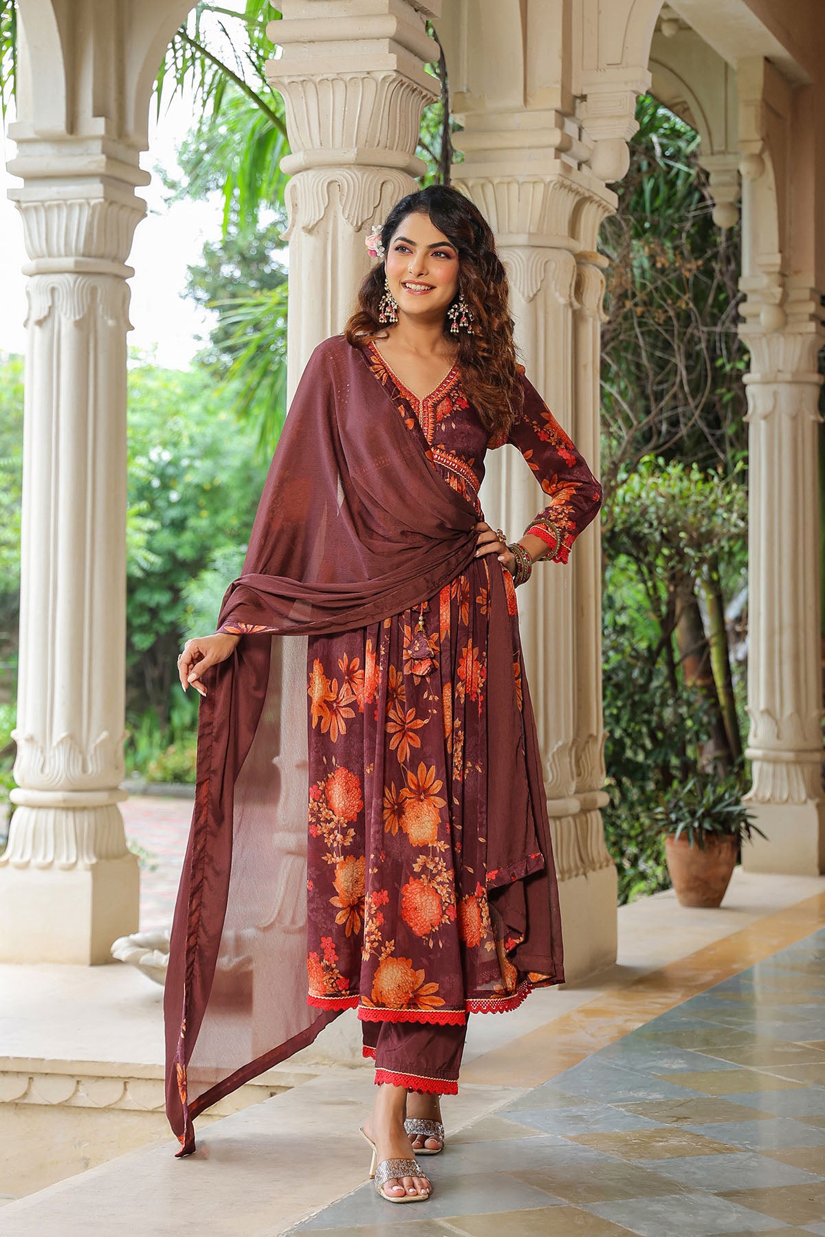 Maroon Floral Chinon Printed Anarkali Suit