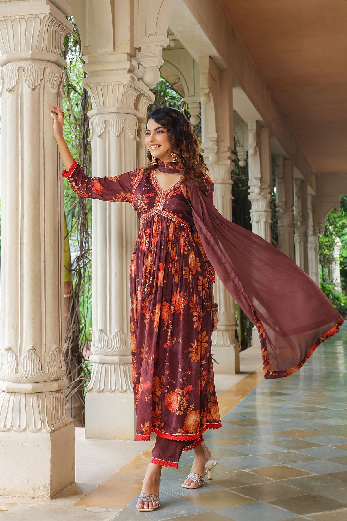 Maroon Floral Chinon Printed Anarkali Suit