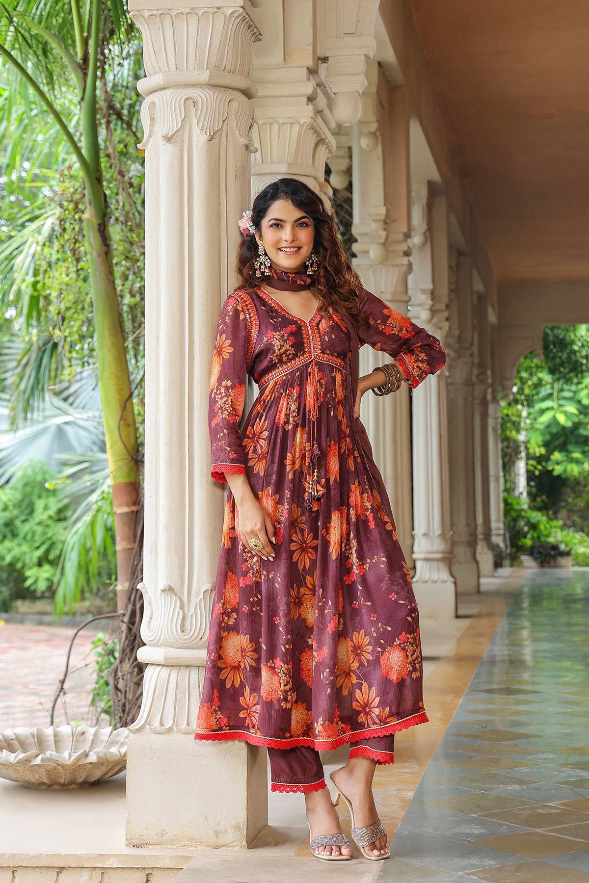 Maroon Floral Chinon Printed Anarkali Suit