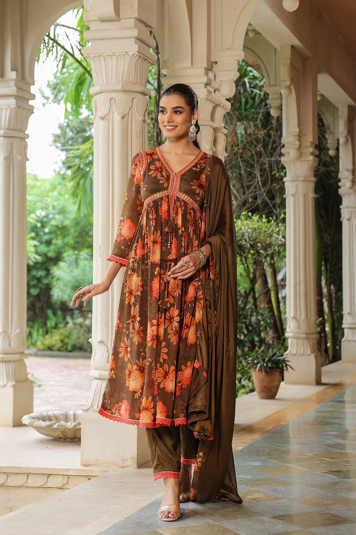 Brown Floral Chinon Printed Anarkali Suit