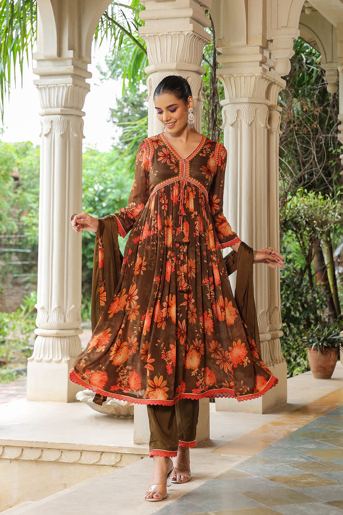 Brown Floral Chinon Printed Anarkali Suit