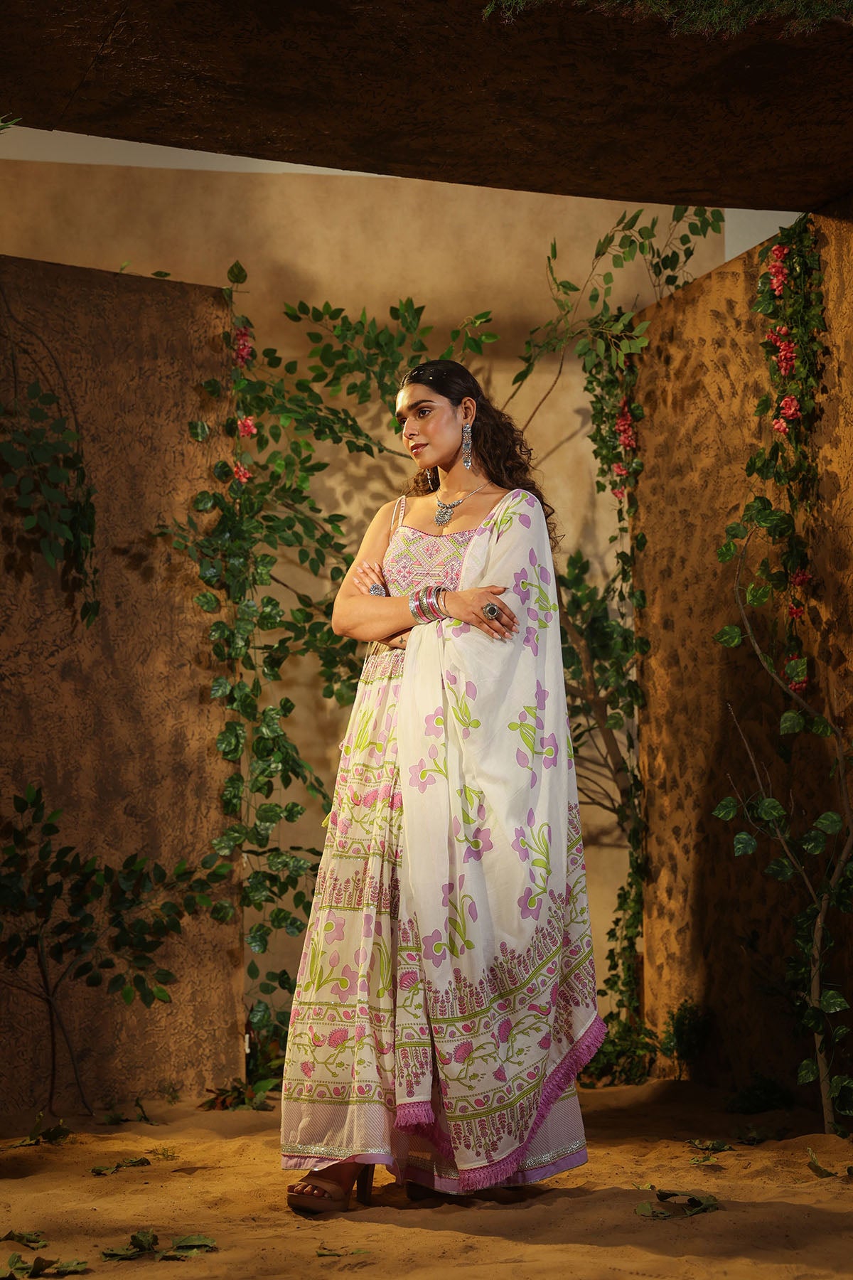 White & Purple Cotton Gown Set