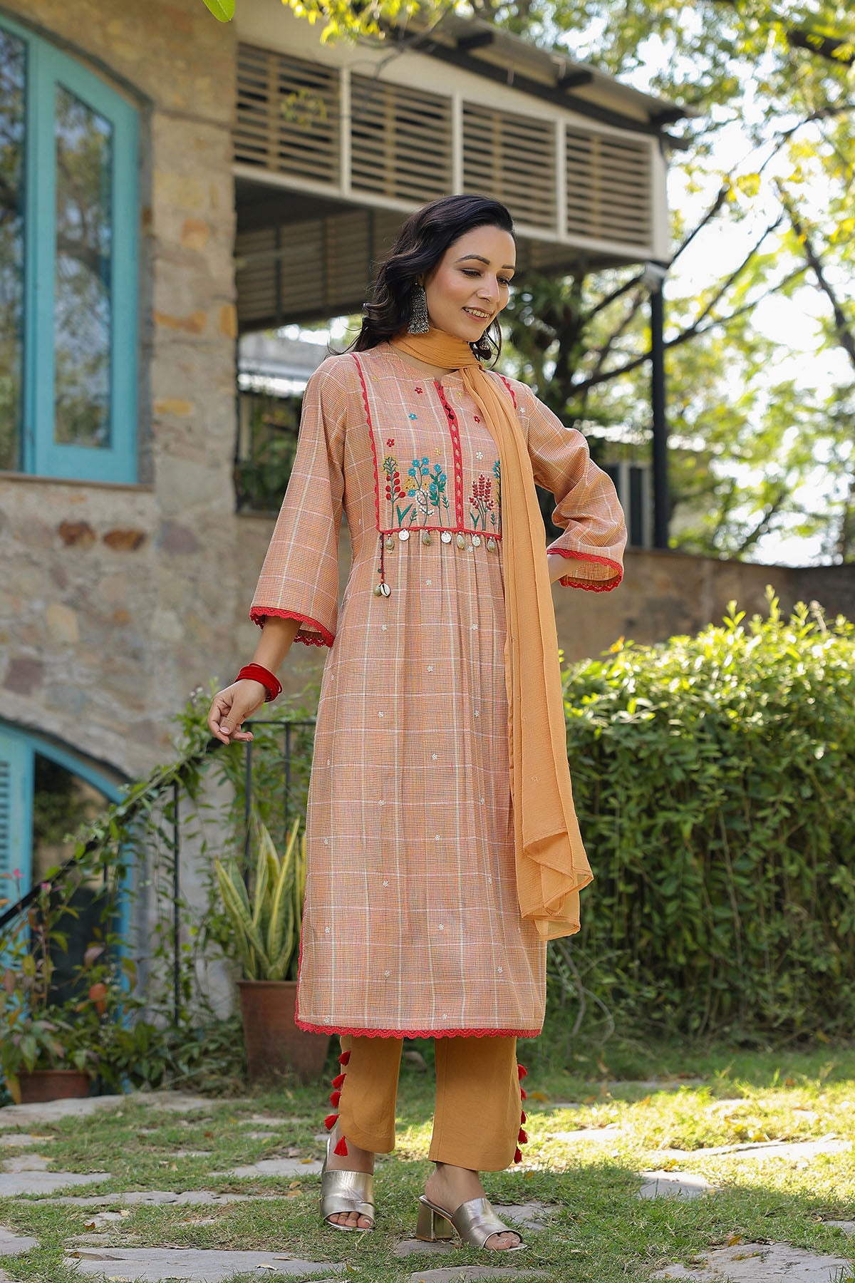 Peach Cotton Embroidered Straight Suit